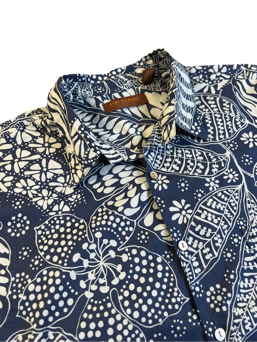 TORI RICHARD VTG Cotton Lawn Hawaiian Camp Shirt Blue Botanical 2XL USA Made